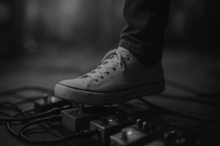 Imagem em preto e branco de uma pé pisando em pedais de guitarra.
