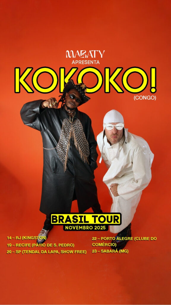 Cartaz com fundo laranja e dois integrantes da banda Kokoko! com datas dos shows no Brasil